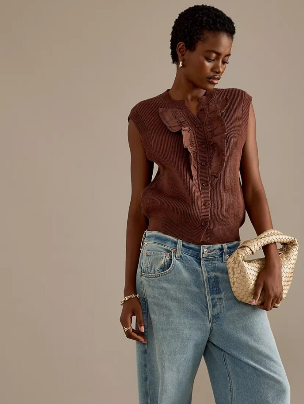 Anthropologie Maeve Ruffled Sweater Vest Chocolate Brown Women's XS Preppy